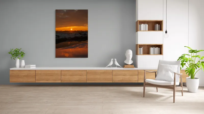 Tablou Canvas, "Apus de soare în iarnă liniștită", Apus, Cer, Nori, Zăpadă, Reflecție, Orizont, Lumină, 100 x 150 cm – poza 8