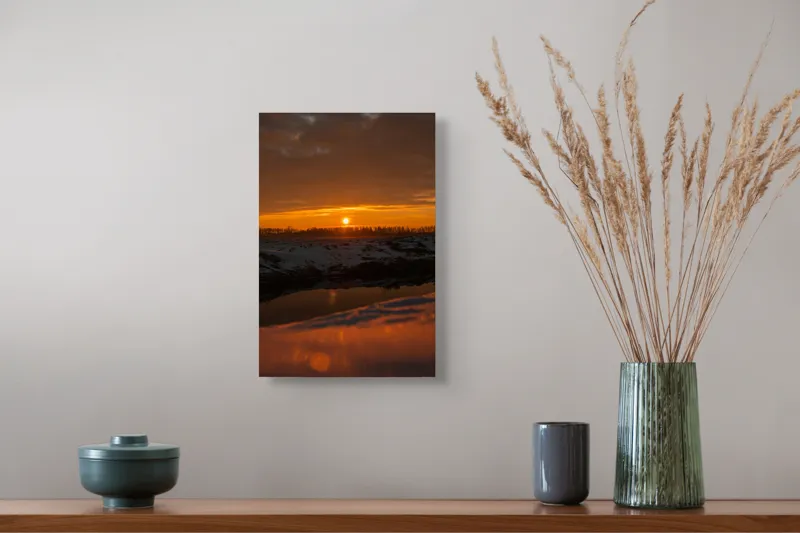 Tablou Canvas, "Apus de soare în iarnă liniștită", Apus, Cer, Nori, Zăpadă, Reflecție, Orizont, Lumină, 26 x 39 cm – poza 5