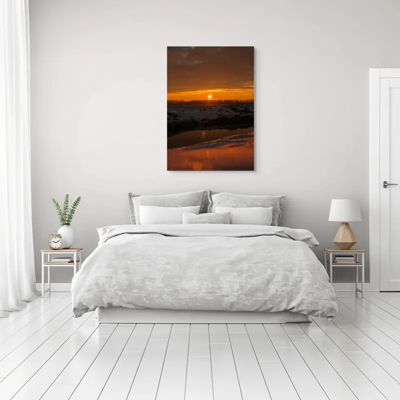 Tablou Canvas, "Apus de soare în iarnă liniștită", Apus, Cer, Nori, Zăpadă, Reflecție, Orizont, Lumină, 70 x 100 cm – poza 3
