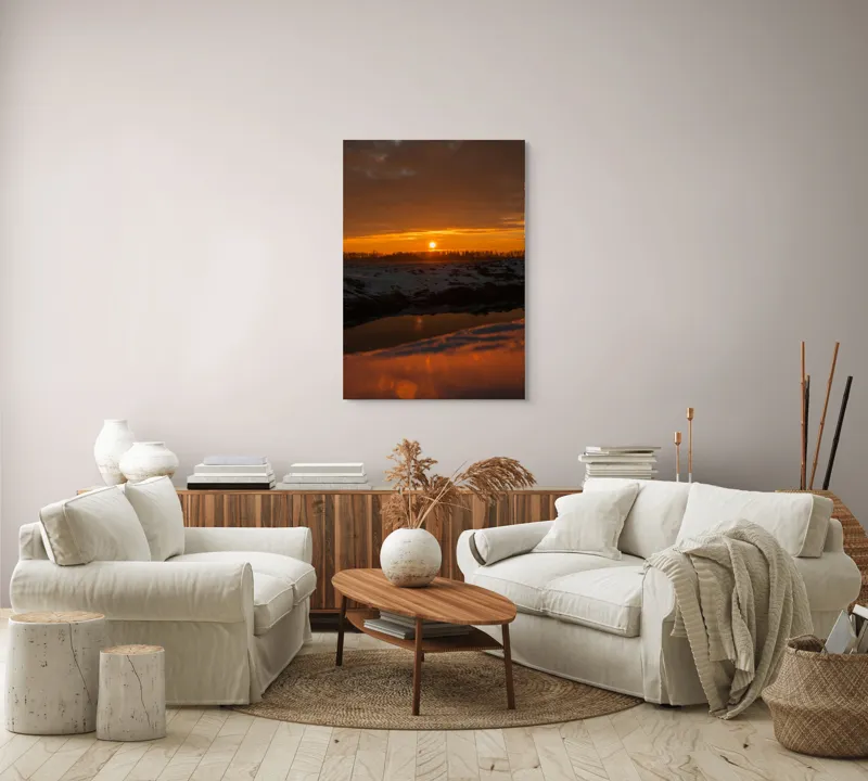 Tablou Canvas, "Apus de soare în iarnă liniștită", Apus, Cer, Nori, Zăpadă, Reflecție, Orizont, Lumină, 70 x 100 cm – poza 4