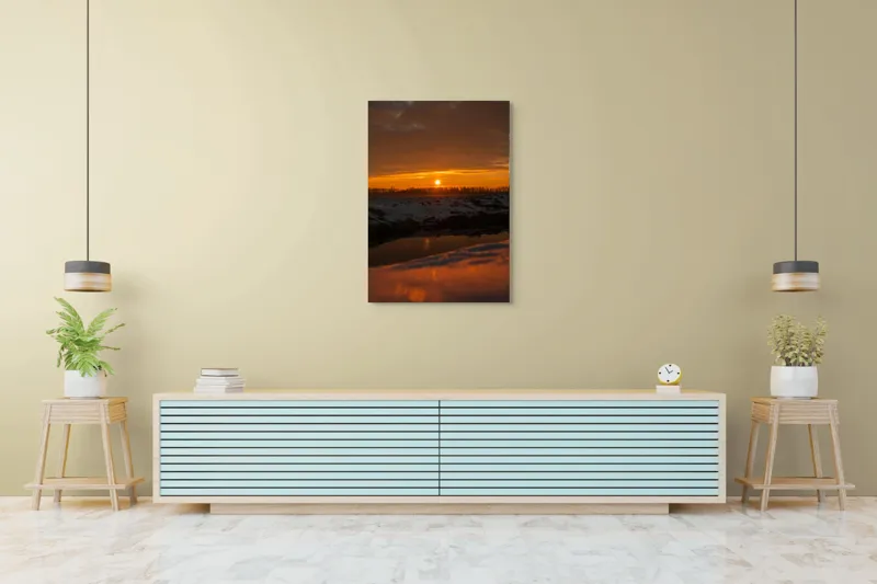 Tablou Canvas, "Apus de soare în iarnă liniștită", Apus, Cer, Nori, Zăpadă, Reflecție, Orizont, Lumină, 70 x 100 cm – poza 5
