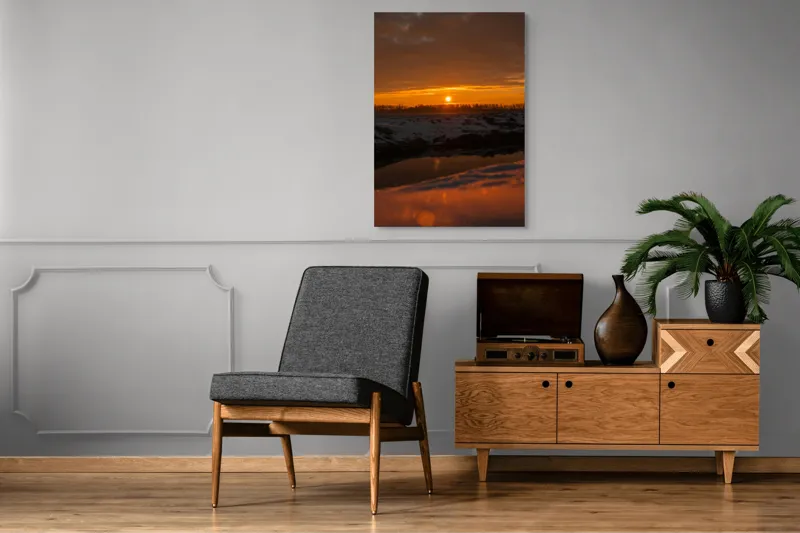 Tablou Canvas, "Apus de soare în iarnă liniștită", Apus, Cer, Nori, Zăpadă, Reflecție, Orizont, Lumină, 70 x 100 cm – poza 6