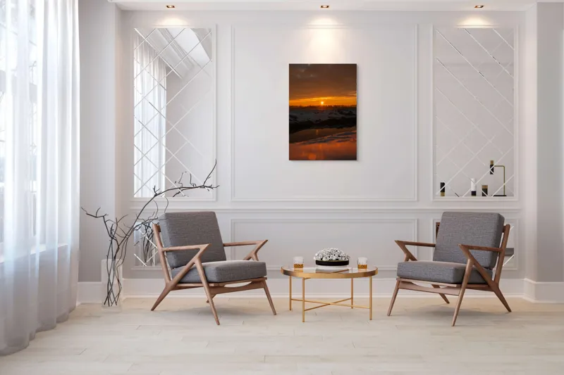 Tablou Canvas, "Apus de soare în iarnă liniștită", Apus, Cer, Nori, Zăpadă, Reflecție, Orizont, Lumină, 70 x 100 cm – poza 8