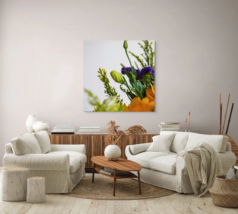 Tablou Canvas, "Dansul delicat al florilor de vară", Flori, Muguri, Galben, Mov, Verde, Delicatețe, Natură, Aranjament, Prospețime, Simetrie, 100 x 100 cm – poza 3