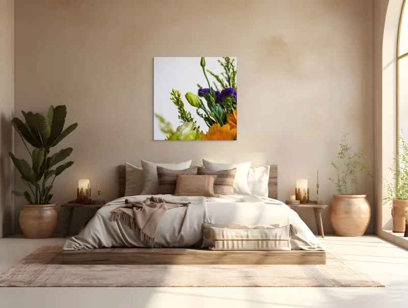 Tablou Canvas, "Dansul delicat al florilor de vară", Flori, Muguri, Galben, Mov, Verde, Delicatețe, Natură, Aranjament, Prospețime, Simetrie, 100 x 100 cm – poza 4