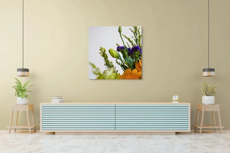 Tablou Canvas, "Dansul delicat al florilor de vară", Flori, Muguri, Galben, Mov, Verde, Delicatețe, Natură, Aranjament, Prospețime, Simetrie, 100 x 100 cm – poza 5