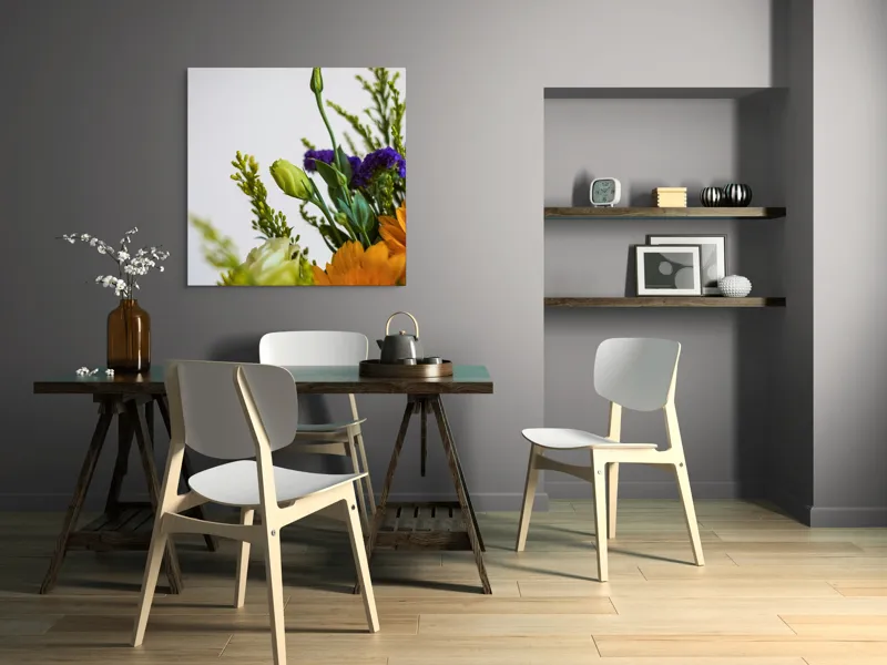 Tablou Canvas, "Dansul delicat al florilor de vară", Flori, Muguri, Galben, Mov, Verde, Delicatețe, Natură, Aranjament, Prospețime, Simetrie, 100 x 100 cm – poza 6