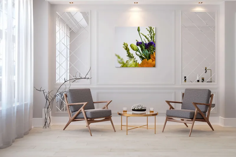 Tablou Canvas, "Dansul delicat al florilor de vară", Flori, Muguri, Galben, Mov, Verde, Delicatețe, Natură, Aranjament, Prospețime, Simetrie, 100 x 100 cm – poza 7