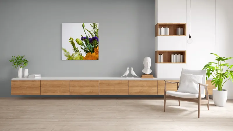 Tablou Canvas, "Dansul delicat al florilor de vară", Flori, Muguri, Galben, Mov, Verde, Delicatețe, Natură, Aranjament, Prospețime, Simetrie, 100 x 100 cm – poza 8