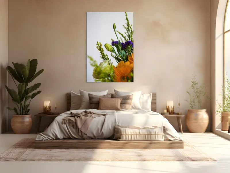 Tablou Canvas, "Dansul delicat al florilor de vară", Flori, Muguri, Galben, Mov, Verde, Delicatețe, Natură, Aranjament, Prospețime, Simetrie, 100 x 150 cm – poza 3