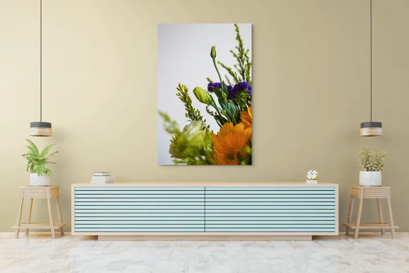 Tablou Canvas, "Dansul delicat al florilor de vară", Flori, Muguri, Galben, Mov, Verde, Delicatețe, Natură, Aranjament, Prospețime, Simetrie, 100 x 150 cm – poza 4