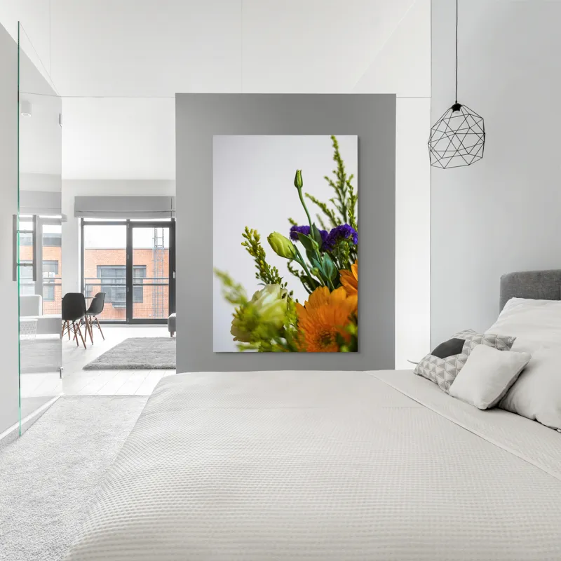 Tablou Canvas, "Dansul delicat al florilor de vară", Flori, Muguri, Galben, Mov, Verde, Delicatețe, Natură, Aranjament, Prospețime, Simetrie, 100 x 150 cm – poza 5