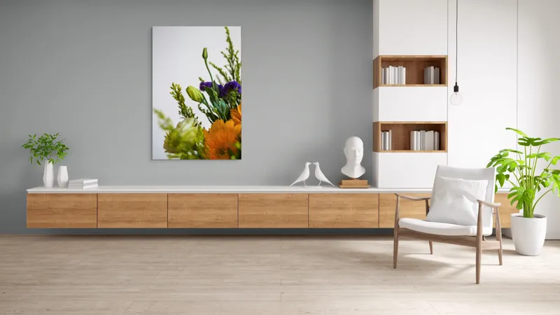 Tablou Canvas, "Dansul delicat al florilor de vară", Flori, Muguri, Galben, Mov, Verde, Delicatețe, Natură, Aranjament, Prospețime, Simetrie, 100 x 150 cm – poza 8