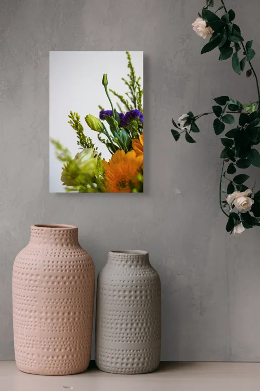 Tablou Canvas, "Dansul delicat al florilor de vară", Flori, Muguri, Galben, Mov, Verde, Delicatețe, Natură, Aranjament, Prospețime, Simetrie, 26 x 39 cm – poza 6