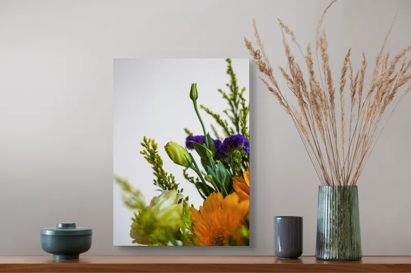 Tablou Canvas, "Dansul delicat al florilor de vară", Flori, Muguri, Galben, Mov, Verde, Delicatețe, Natură, Aranjament, Prospețime, Simetrie, 39 x 54 cm – poza 3