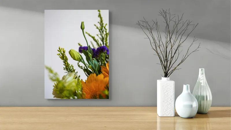 Tablou Canvas, "Dansul delicat al florilor de vară", Flori, Muguri, Galben, Mov, Verde, Delicatețe, Natură, Aranjament, Prospețime, Simetrie, 39 x 54 cm – poza 4