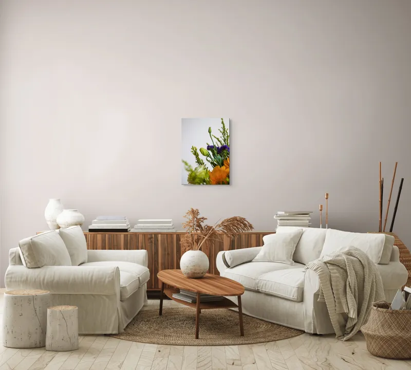 Tablou Canvas, "Dansul delicat al florilor de vară", Flori, Muguri, Galben, Mov, Verde, Delicatețe, Natură, Aranjament, Prospețime, Simetrie, 39 x 54 cm – poza 5