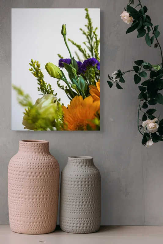 Tablou Canvas, "Dansul delicat al florilor de vară", Flori, Muguri, Galben, Mov, Verde, Delicatețe, Natură, Aranjament, Prospețime, Simetrie, 39 x 54 cm – poza 6