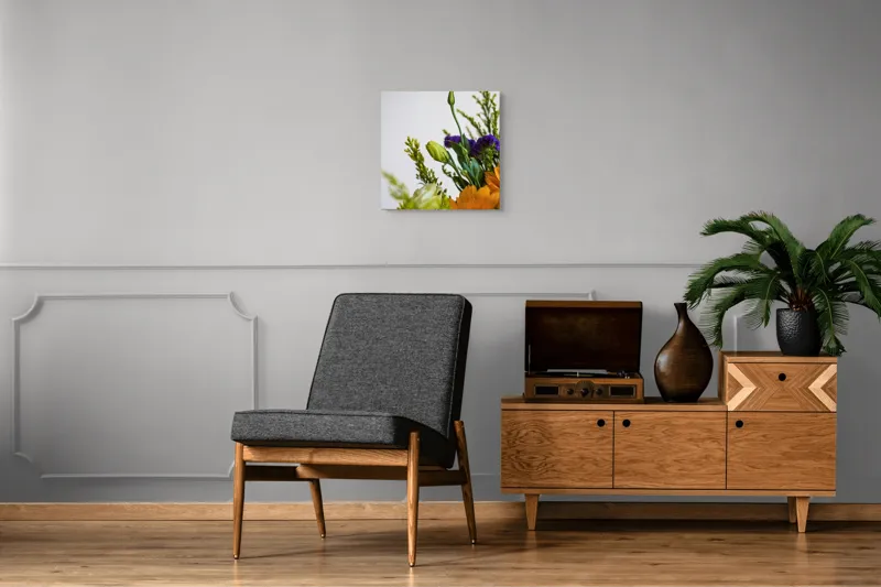 Tablou Canvas, "Dansul delicat al florilor de vară", Flori, Muguri, Galben, Mov, Verde, Delicatețe, Natură, Aranjament, Prospețime, Simetrie, 50 x 50 cm – poza 6