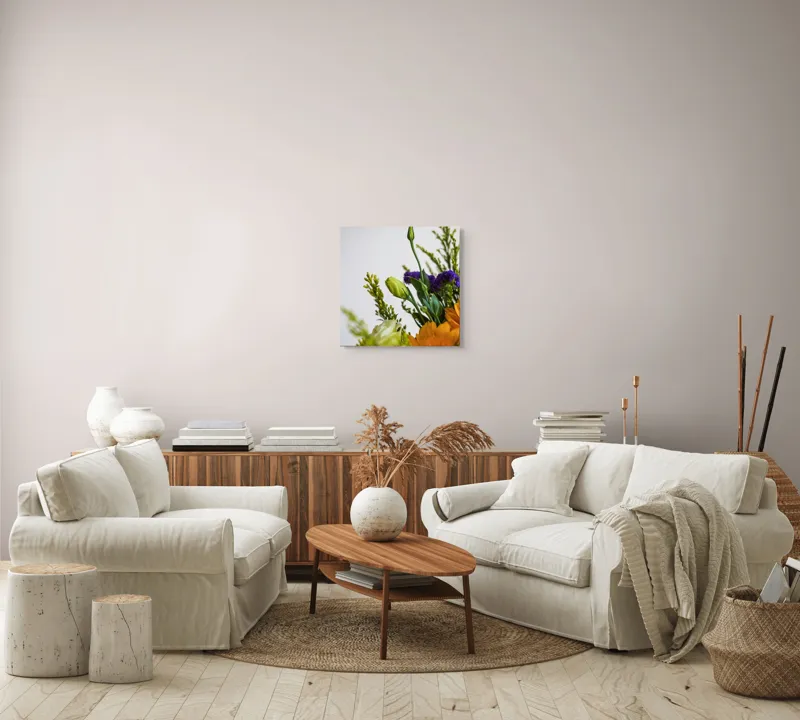 Tablou Canvas, "Dansul delicat al florilor de vară", Flori, Muguri, Galben, Mov, Verde, Delicatețe, Natură, Aranjament, Prospețime, Simetrie, 50 x 50 cm – poza 7
