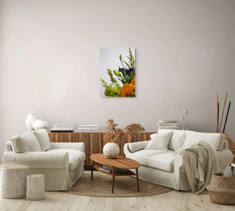 Tablou Canvas, "Dansul delicat al florilor de vară", Flori, Muguri, Galben, Mov, Verde, Delicatețe, Natură, Aranjament, Prospețime, Simetrie, 50 x 70 cm – poza 4