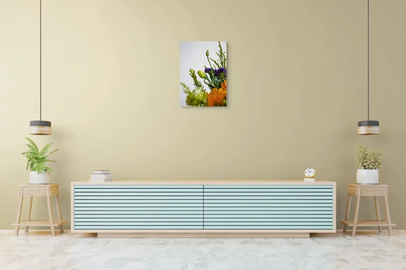 Tablou Canvas, "Dansul delicat al florilor de vară", Flori, Muguri, Galben, Mov, Verde, Delicatețe, Natură, Aranjament, Prospețime, Simetrie, 50 x 70 cm – poza 6