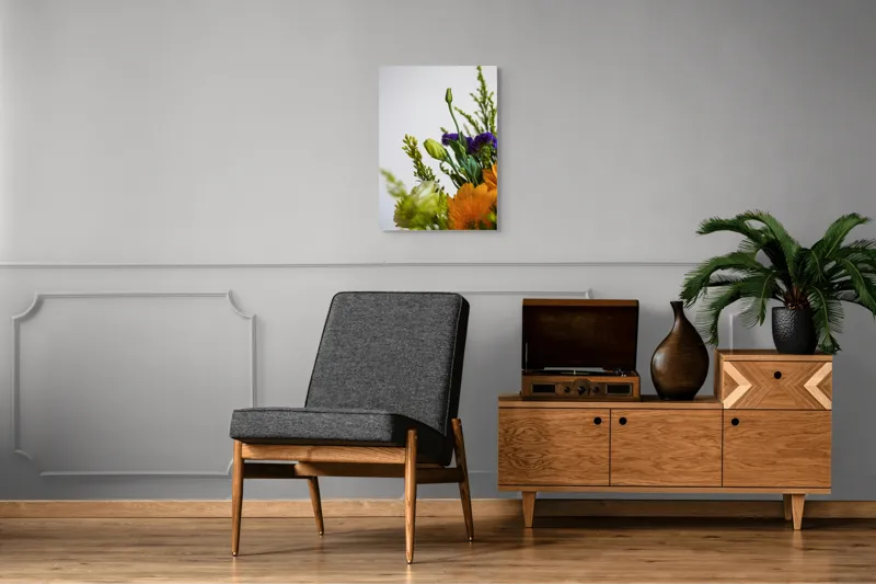 Tablou Canvas, "Dansul delicat al florilor de vară", Flori, Muguri, Galben, Mov, Verde, Delicatețe, Natură, Aranjament, Prospețime, Simetrie, 50 x 70 cm – poza 8