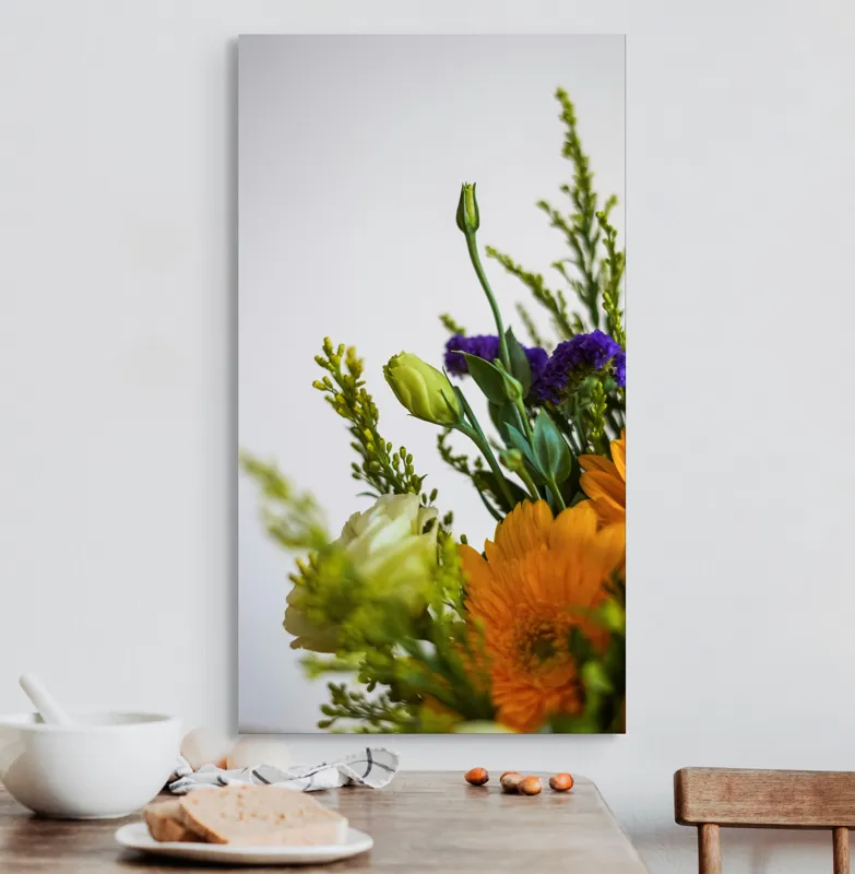 Tablou Canvas, "Dansul delicat al florilor de vară", Flori, Muguri, Galben, Mov, Verde, Delicatețe, Natură, Aranjament, Prospețime, Simetrie, 50 x 90 cm – poza 3