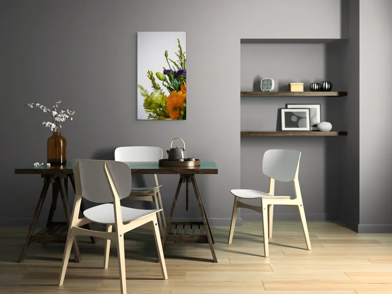 Tablou Canvas, "Dansul delicat al florilor de vară", Flori, Muguri, Galben, Mov, Verde, Delicatețe, Natură, Aranjament, Prospețime, Simetrie, 50 x 90 cm – poza 4