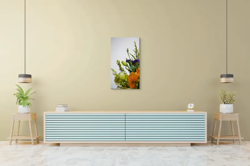 Tablou Canvas, "Dansul delicat al florilor de vară", Flori, Muguri, Galben, Mov, Verde, Delicatețe, Natură, Aranjament, Prospețime, Simetrie, 50 x 90 cm – poza 6