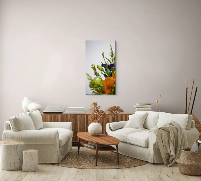 Tablou Canvas, "Dansul delicat al florilor de vară", Flori, Muguri, Galben, Mov, Verde, Delicatețe, Natură, Aranjament, Prospețime, Simetrie, 50 x 90 cm – poza 7