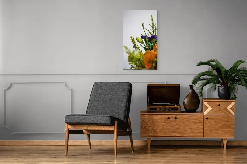 Tablou Canvas, "Dansul delicat al florilor de vară", Flori, Muguri, Galben, Mov, Verde, Delicatețe, Natură, Aranjament, Prospețime, Simetrie, 50 x 90 cm – poza 8