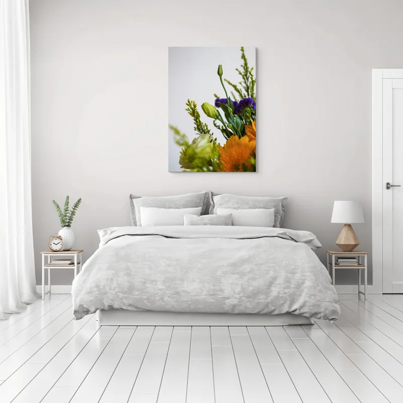 Tablou Canvas, "Dansul delicat al florilor de vară", Flori, Muguri, Galben, Mov, Verde, Delicatețe, Natură, Aranjament, Prospețime, Simetrie, 70 x 100 cm – poza 3