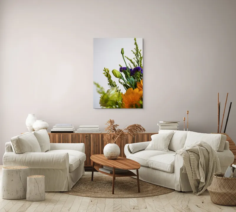 Tablou Canvas, "Dansul delicat al florilor de vară", Flori, Muguri, Galben, Mov, Verde, Delicatețe, Natură, Aranjament, Prospețime, Simetrie, 70 x 100 cm – poza 4