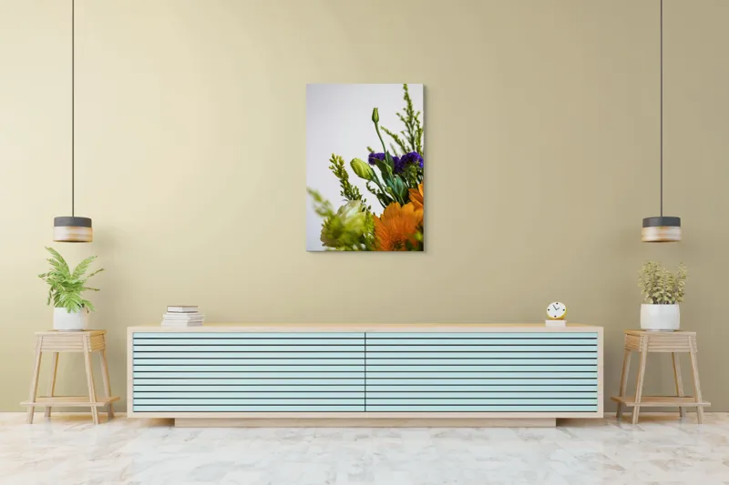 Tablou Canvas, "Dansul delicat al florilor de vară", Flori, Muguri, Galben, Mov, Verde, Delicatețe, Natură, Aranjament, Prospețime, Simetrie, 70 x 100 cm – poza 5