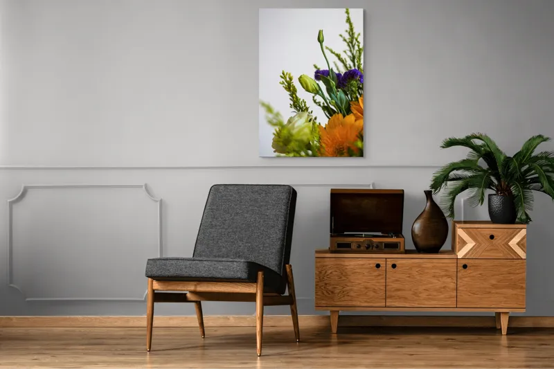 Tablou Canvas, "Dansul delicat al florilor de vară", Flori, Muguri, Galben, Mov, Verde, Delicatețe, Natură, Aranjament, Prospețime, Simetrie, 70 x 100 cm – poza 6