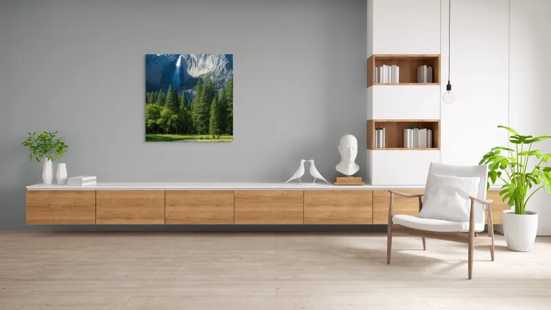 Tablou Canvas, "Cascada în inima muntelui verde", Cascadă, Munți, Pădure, Cer, Verdeață, Traseu, Relaxare, Natură, Turism, Frumusețe., 100 x 100 cm – poza 8