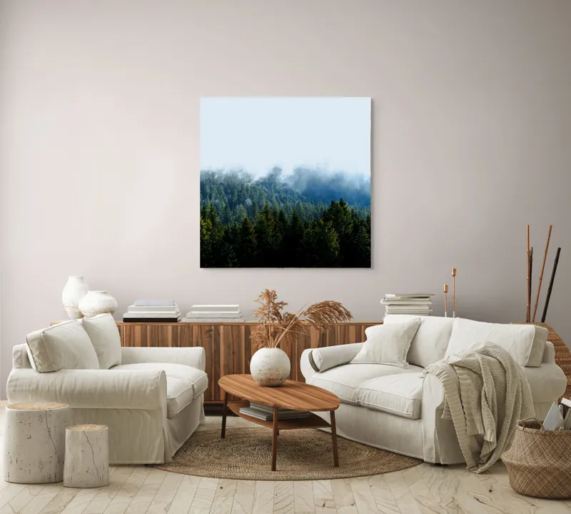Tablou Canvas, "Cețuri misterioase peste pădurea de brazi", Copaci, Ceață, Verdeață, Natură, Munte, Calm, Seninătate, Aer Curat, 100 x 100 cm – poza 3