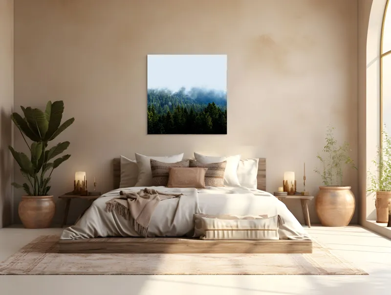 Tablou Canvas, "Cețuri misterioase peste pădurea de brazi", Copaci, Ceață, Verdeață, Natură, Munte, Calm, Seninătate, Aer Curat, 100 x 100 cm – poza 4