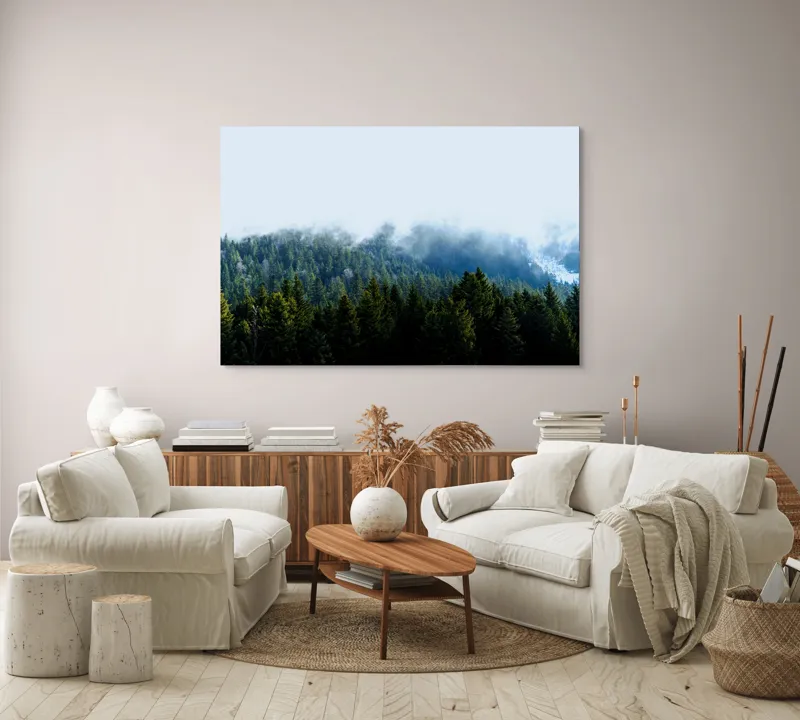 Tablou Canvas, "Cețuri misterioase peste pădurea de brazi", Copaci, Ceață, Verdeață, Natură, Munte, Calm, Seninătate, Aer Curat, 150 x 100 cm – poza 3