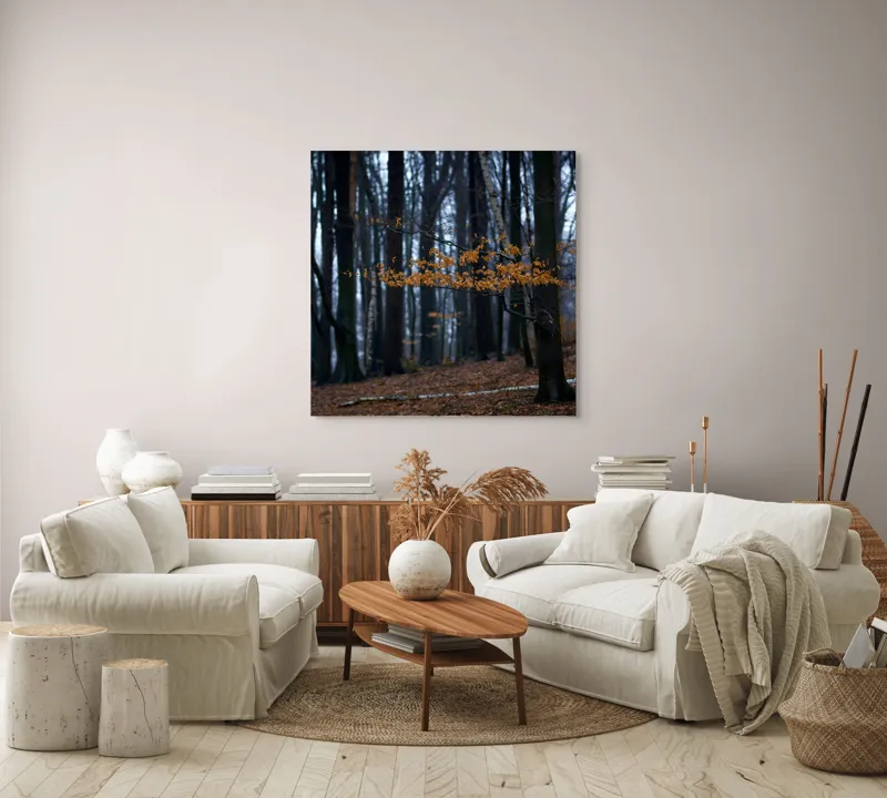 Tablou Canvas, "Frunzele aurii ale pădurii toamna", Copaci, Toamnă, Frunze, Pădure, Cale, Natură, Melancolie, Răcoare, Umbre, Liniște, 100 x 100 cm – poza 3