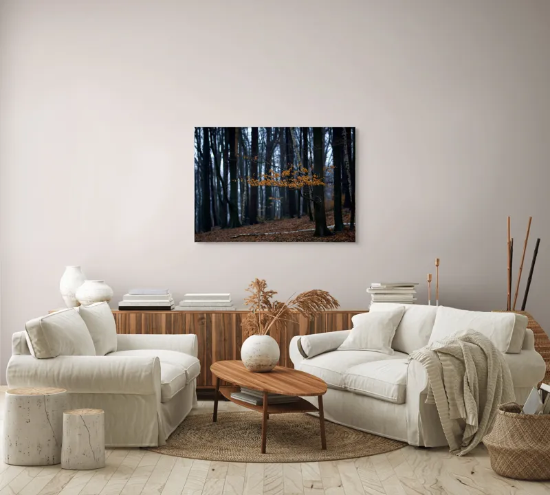 Tablou Canvas, "Frunzele aurii ale pădurii toamna", Copaci, Toamnă, Frunze, Pădure, Cale, Natură, Melancolie, Răcoare, Umbre, Liniște, 100 x 70 cm – poza 3