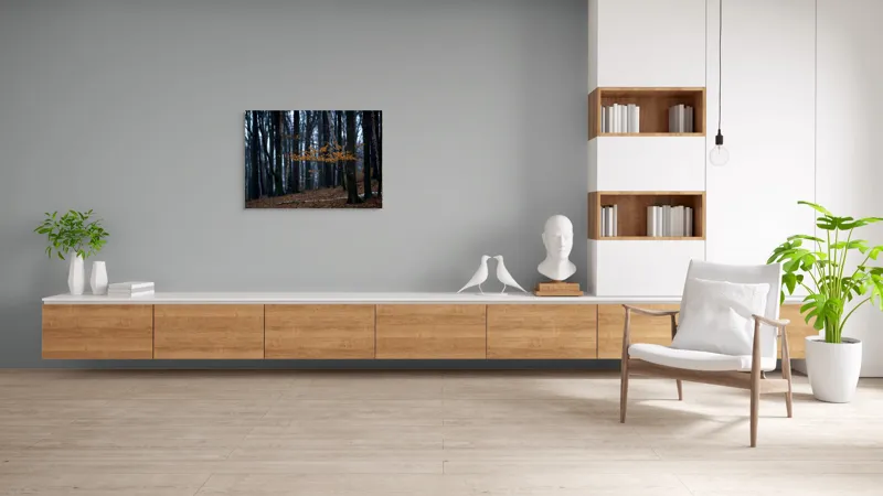 Tablou Canvas, "Frunzele aurii ale pădurii toamna", Copaci, Toamnă, Frunze, Pădure, Cale, Natură, Melancolie, Răcoare, Umbre, Liniște, 100 x 70 cm – poza 6