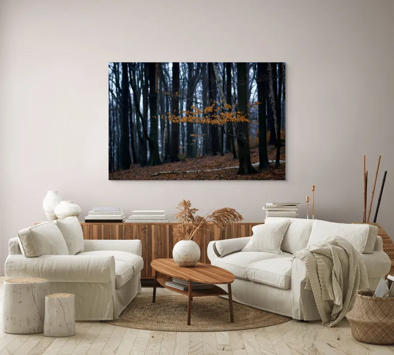Tablou Canvas, "Frunzele aurii ale pădurii toamna", Copaci, Toamnă, Frunze, Pădure, Cale, Natură, Melancolie, Răcoare, Umbre, Liniște, 150 x 100 cm – poza 3