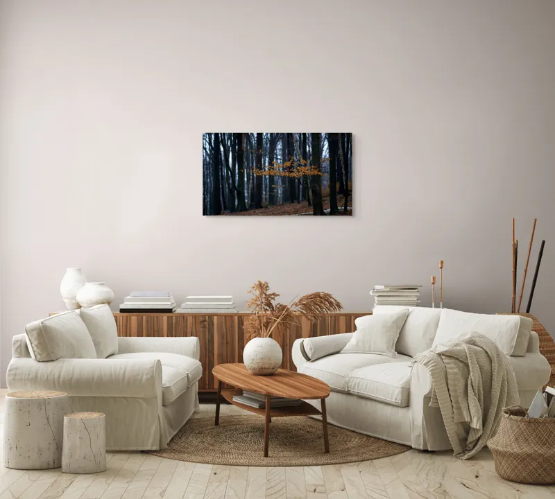 Tablou Canvas, "Frunzele aurii ale pădurii toamna", Copaci, Toamnă, Frunze, Pădure, Cale, Natură, Melancolie, Răcoare, Umbre, Liniște, 90 x 50 cm – poza 4