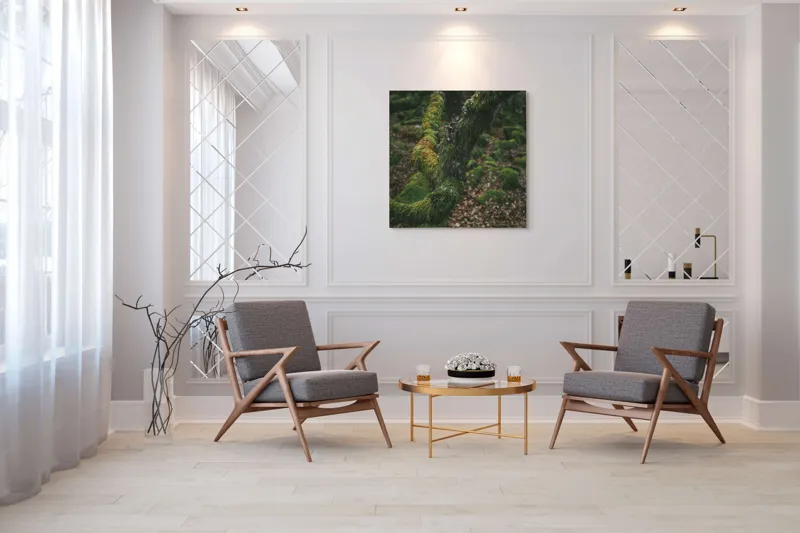 Tablou Canvas, "Pădurea ascunsă sub mantia verde", Copac, Mușchi, Natură, Verde, Textură, Pământ, Frunze, Rămurele, Organic, Pădure, 100 x 100 cm – poza 7