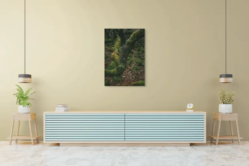 Tablou Canvas, "Pădurea ascunsă sub mantia verde", Copac, Mușchi, Natură, Verde, Textură, Pământ, Frunze, Rămurele, Organic, Pădure, 70 x 100 cm – poza 5