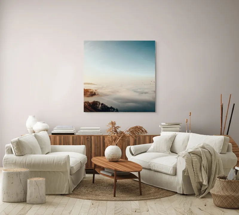 Tablou Canvas, "Răsărit peste un ocean de ceață", Cer, Nori, Soare, Pădure, Păsări, Apus, Ceață, Culori, Orizont, Natură, 100 x 100 cm – poza 3