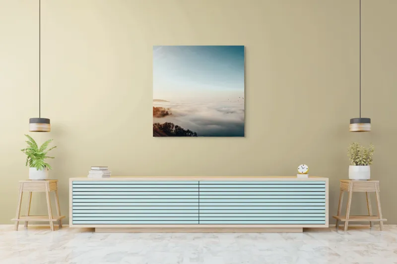 Tablou Canvas, "Răsărit peste un ocean de ceață", Cer, Nori, Soare, Pădure, Păsări, Apus, Ceață, Culori, Orizont, Natură, 100 x 100 cm – poza 5