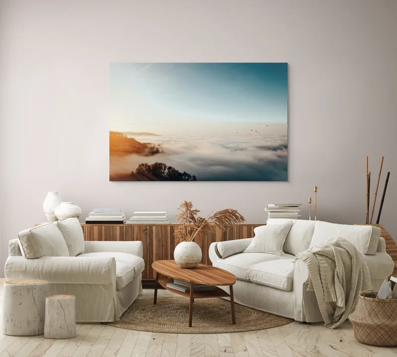 Tablou Canvas, "Răsărit peste un ocean de ceață", Cer, Nori, Soare, Pădure, Păsări, Apus, Ceață, Culori, Orizont, Natură, 150 x 100 cm – poza 3